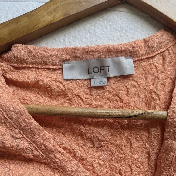 LOFT Orange Textured Button Front Top Flutter Short Sleeve Small Tie Front - Picture 5 of 5